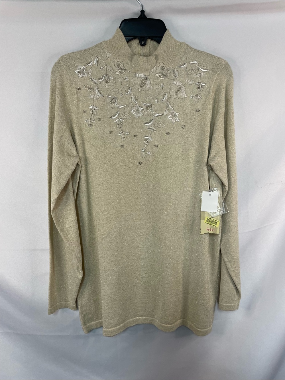 New with tags Reba sweater. Beautiful light gold and embroidered with beads.